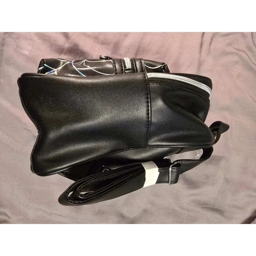 Claire's Holographic Spiderweb Mini Backpack Black Faux Leather Goth Chain